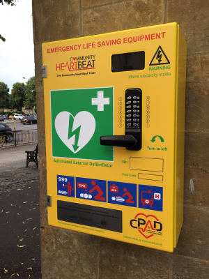 Defibrillator 2 - on the toilet block by Banbury Cross
